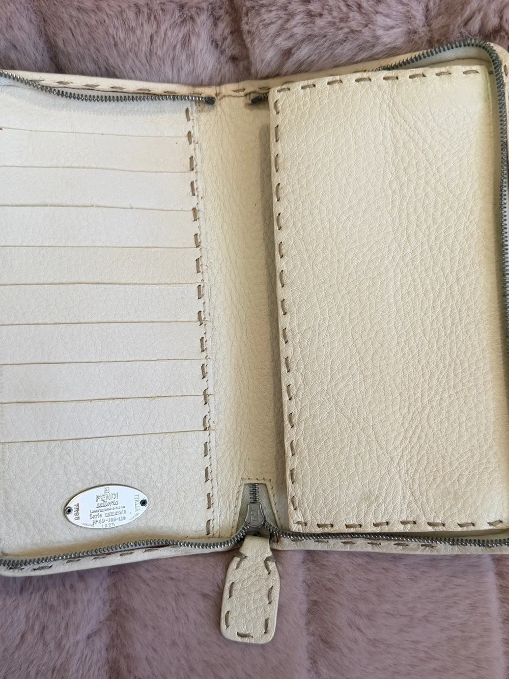 Fendi Silver Logo Plaque on Cream Leather